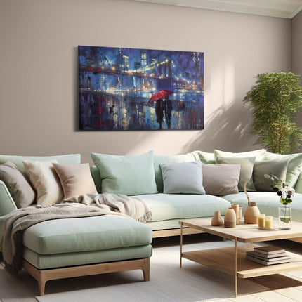 Canvas schilderij woonkamer Brooklyn Bridge 's Nachts met een Rode Paraplu