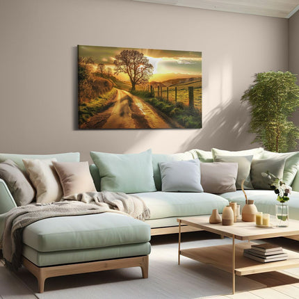 Canvas schilderij woonkamer Eenzame Boom in een Veld bij Zonsondergang