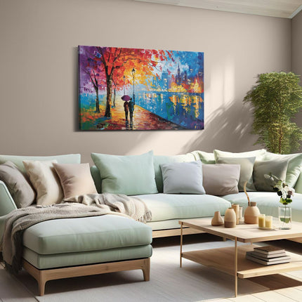 Canvas schilderij woonkamer Koppel dat met een Paraplu door de Straat loopt