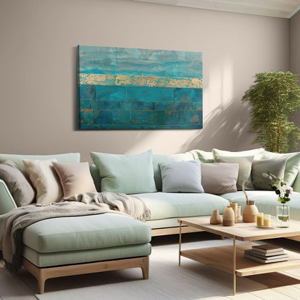 Canvas schilderij woonkamer Kunstwerk van een Blauw en Goud Betegelde Muur