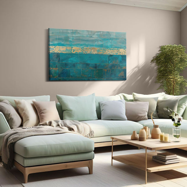 Canvas schilderij woonkamer Kunstwerk van een Blauw en Goud Betegelde Muur