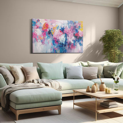 Canvas schilderij woonkamer Abstract Kunstwerk met Blauwe, Roze en Gele Kleuren