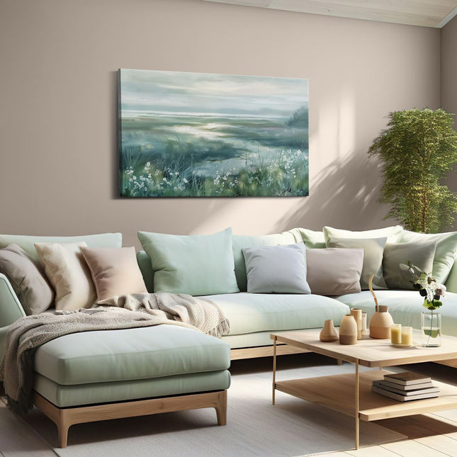Canvas schilderij woonkamer Kunstwerk van een Moeras met Witte Bloemen