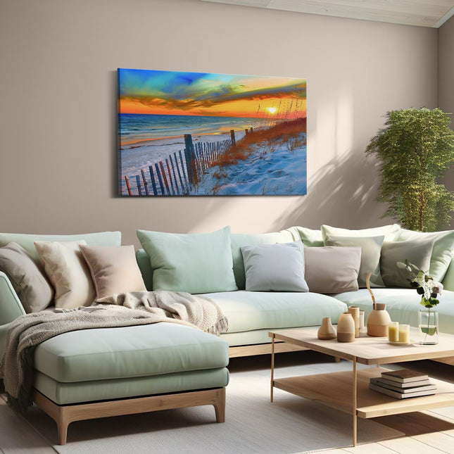 Canvas schilderij woonkamer Strandtafereel met een Hek en Zand
