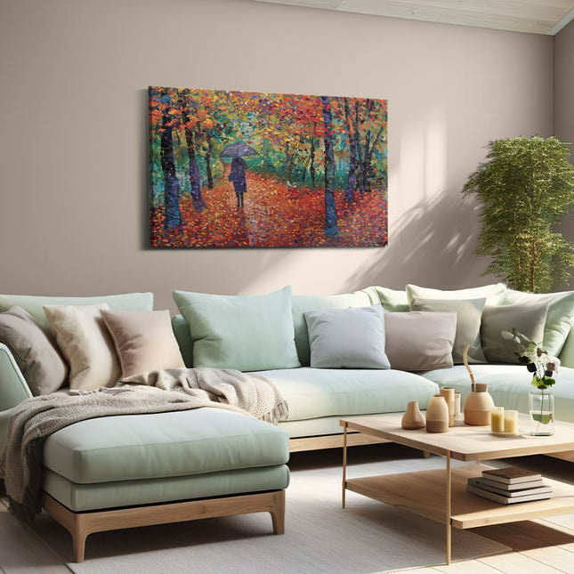 Canvas schilderij woonkamer Vrouw die met een Paraplu door het Bos loopt