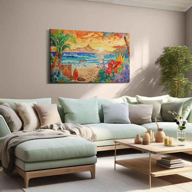 Canvas schilderij woonkamer Kunstwerk van een Tropisch Tafereel met Palmbomen en Surfplanken