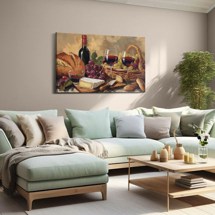 Canvas schilderij woonkamer Kunstwerk van Wijn, Brood en Kaas