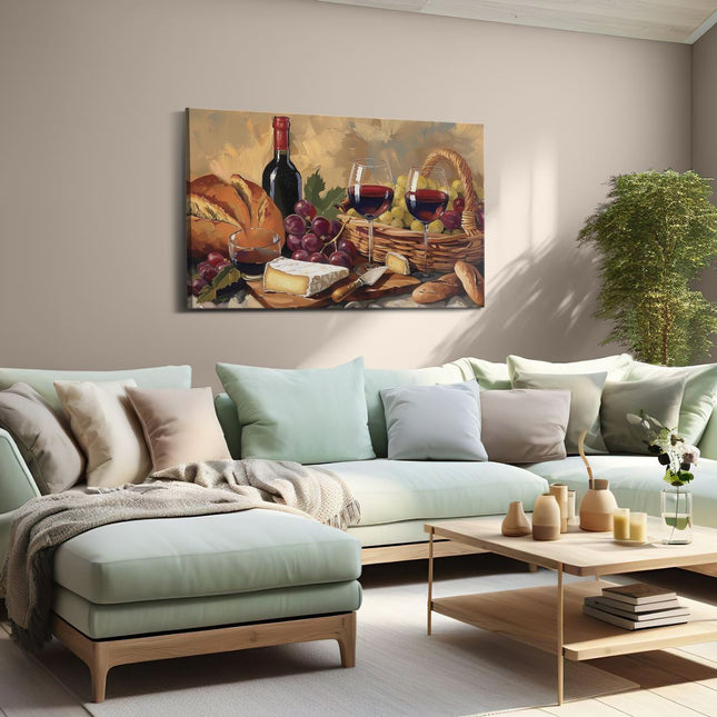 Canvas schilderij woonkamer Kunstwerk van Wijn, Brood en Kaas