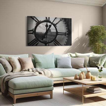 Canvas schilderij woonkamer Klok met een Gebouw op de Achtergrond