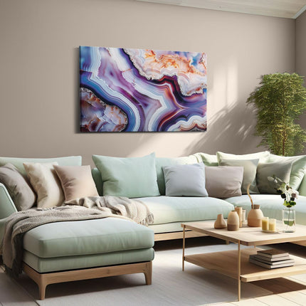 Canvas schilderij woonkamer De Afbeelding is een Close-Up van een Paarse, Blauwe en Oranje Agaat
