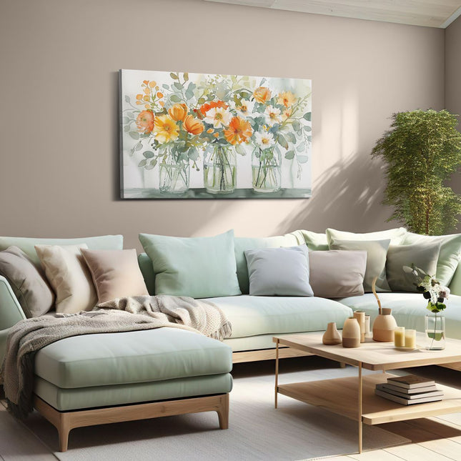 Canvas schilderij woonkamer Aquarelkunstwerk van Bloemen in Glazen Vazen