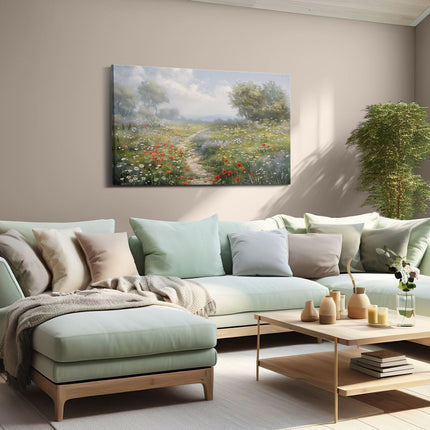Canvas schilderij woonkamer Kunstwerk van een Pad door een Veld met Wilde Bloemen