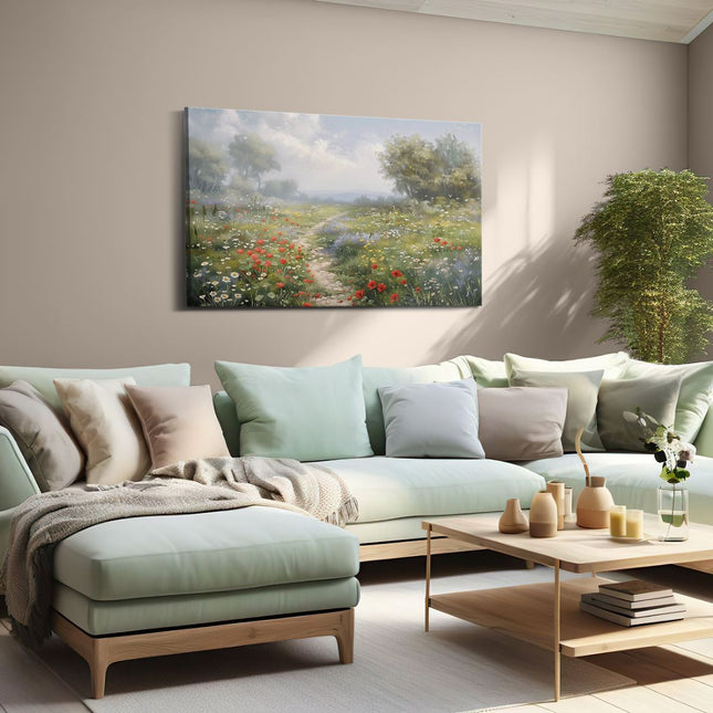 Canvas schilderij woonkamer Kunstwerk van een Pad door een Veld met Wilde Bloemen