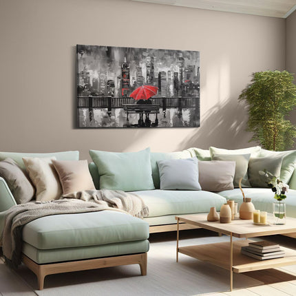 Canvas schilderij woonkamer Paar Zittend op een Bankje met een Rode Paraplu