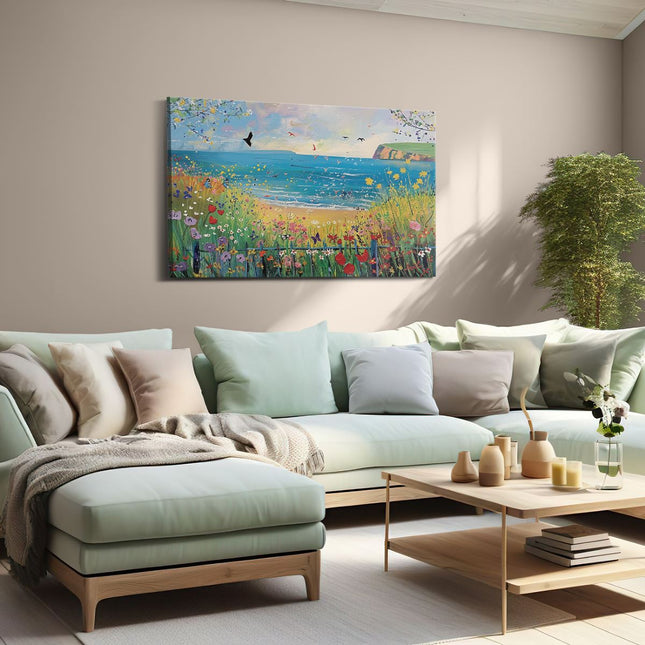 Canvas schilderij woonkamer Kunstwerk van een Strand met Bloemen en Vogels