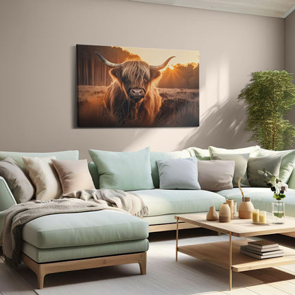 Canvas schilderij woonkamer Hooglandkoe die in een Veld Staat bij Zonsondergang