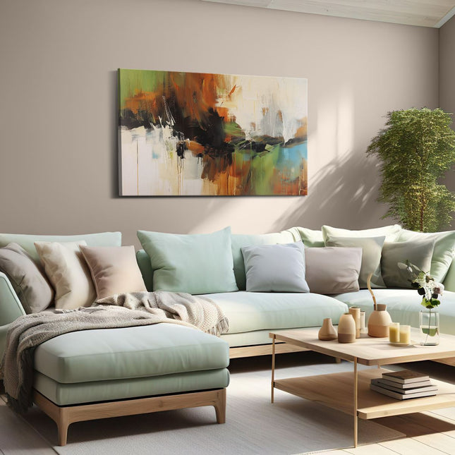 Canvas schilderij woonkamer Abstract Kunstwerk met Groene, Blauwe en Oranje Kleuren