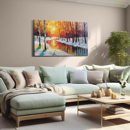 Canvas schilderij woonkamer Winters Tafereel met Bomen en een Rivier