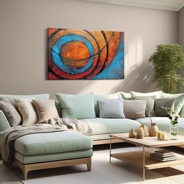 Canvas schilderij woonkamer Abstract Kunstwerk met Blauwe en Oranje Cirkels