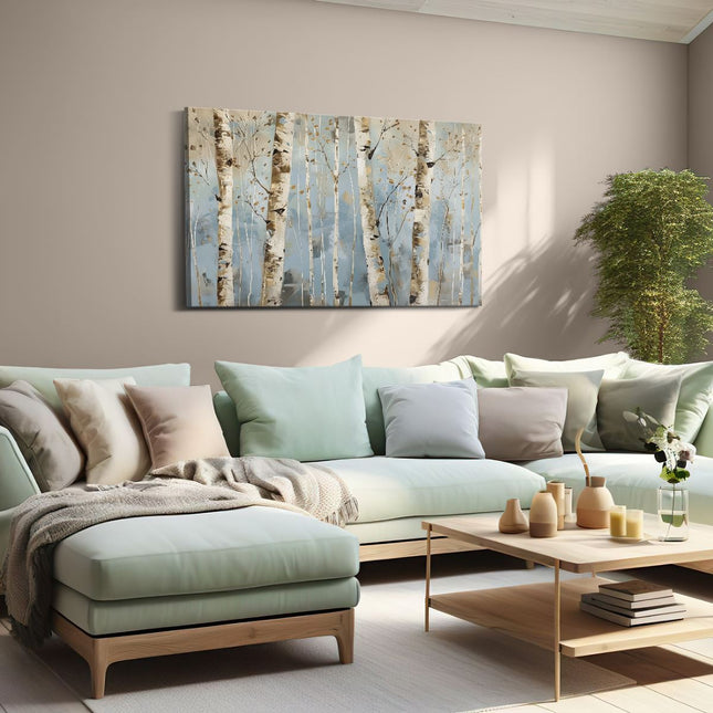 Canvas schilderij woonkamer Kunstwerk van Berkenbomen op een Blauwe Achtergrond