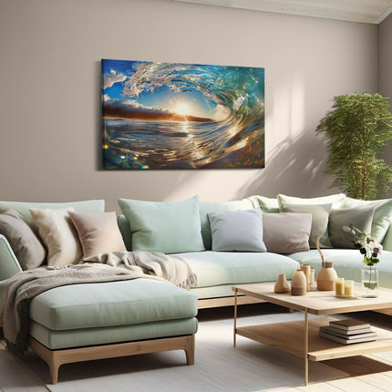 Canvas schilderij woonkamer De Zon schijnt door een Golf in de Oceaan