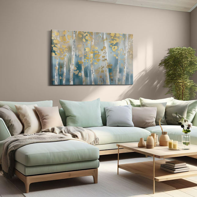 Canvas schilderij woonkamer Kunstwerk van Berkenbomen met Bladgoud