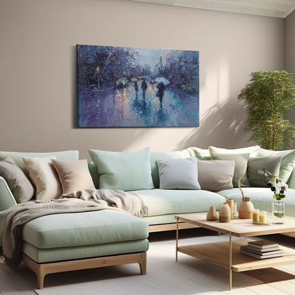 Canvas schilderij woonkamer Mensen die met Paraplu's in de Regen Lopen