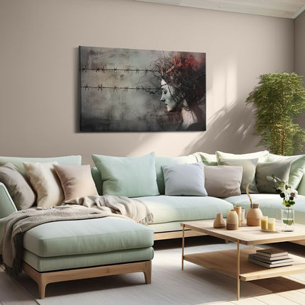 Canvas schilderij woonkamer Hoofd van de Vrouw Achter Prikkeldraad