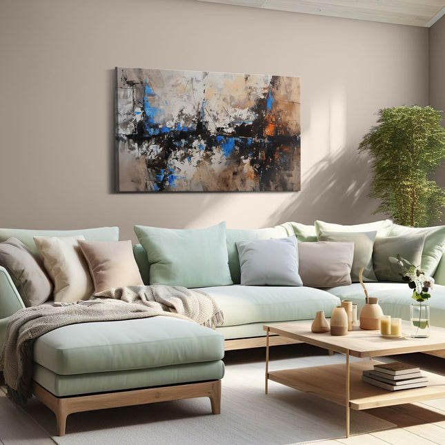 Canvas schilderij woonkamer Abstract Kunstwerk met Blauwe, Bruine en Oranje Kleuren