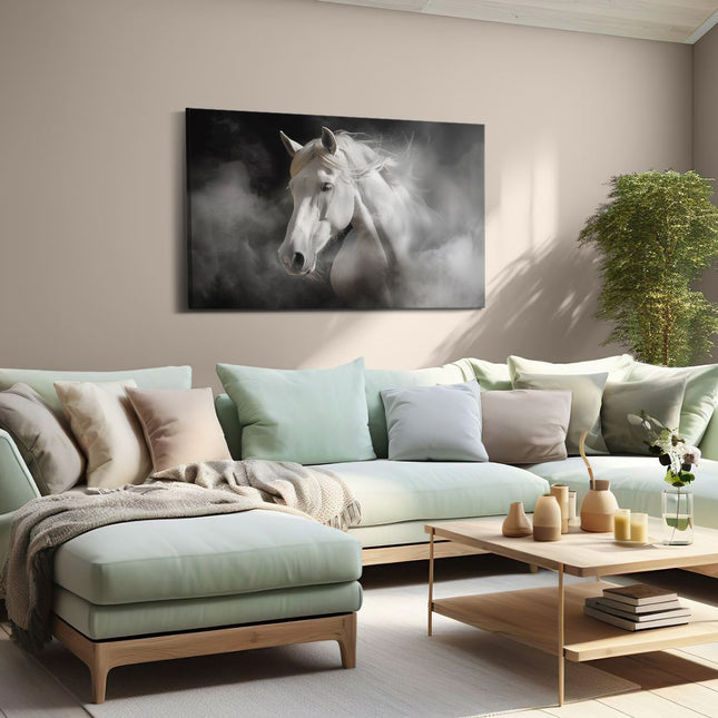 Canvas schilderij woonkamer Wit Paard op een Zwarte Achtergrond