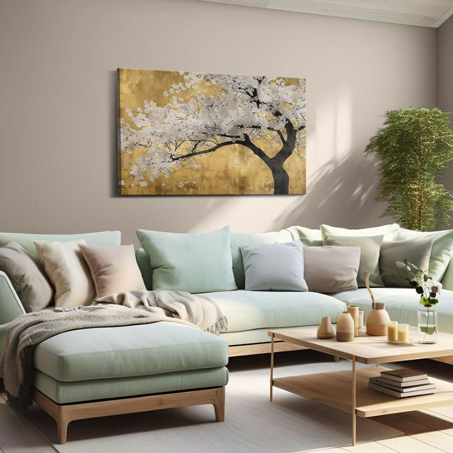 Canvas schilderij woonkamer Boom met Witte Bloemen tegen een Gouden Achtergrond