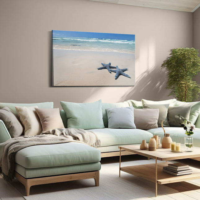 Canvas schilderij woonkamer Twee Zeester op een Strand