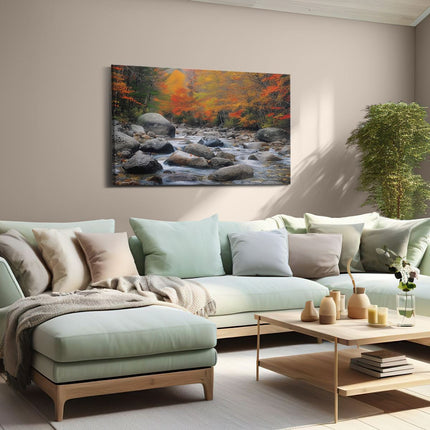 Canvas schilderij woonkamer Stroom Omringd door Bomen en Rotsen