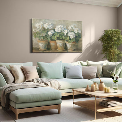 Canvas schilderij woonkamer Witte Geraniums in Potten