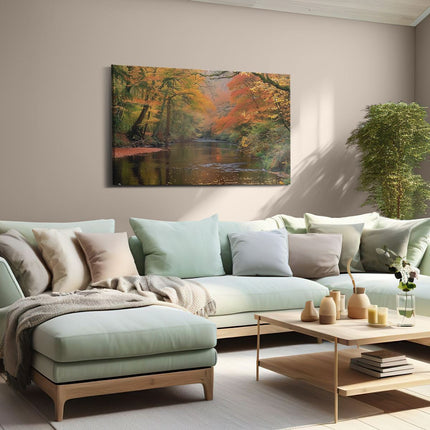 Canvas schilderij woonkamer Rivier Omgeven door Bomen in de Herfst
