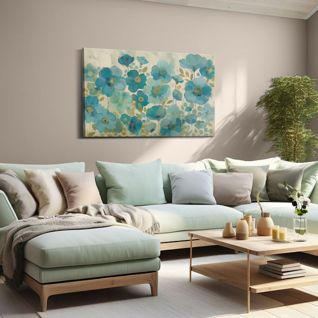 Canvas schilderij woonkamer Blauwe Bloemen op een Beige Achtergrond