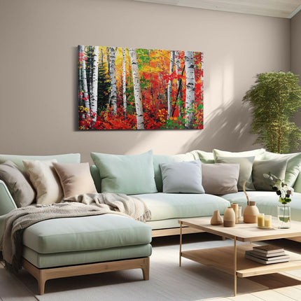 Canvas schilderij woonkamer Kleurrijke Berkenbomen in de Herfst
