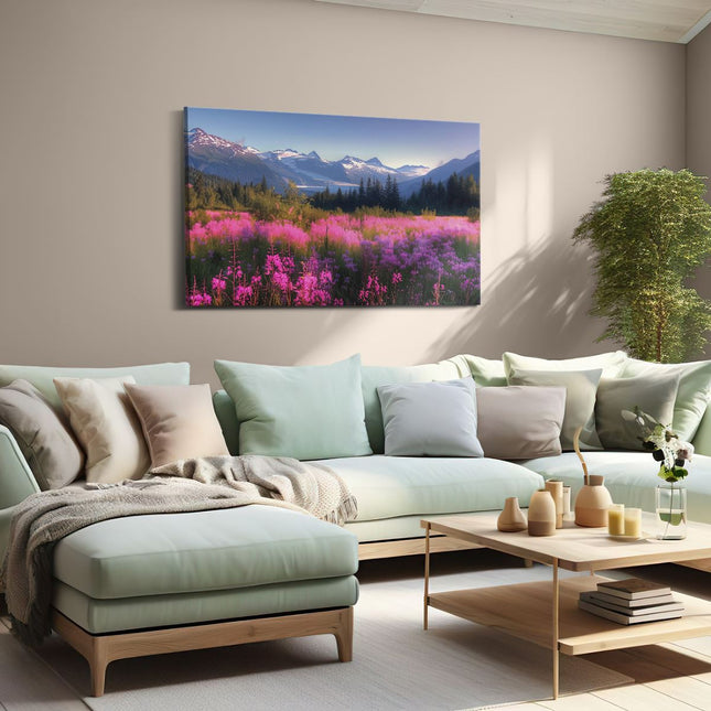 Canvas schilderij woonkamer Roze Bloemen in een Veld