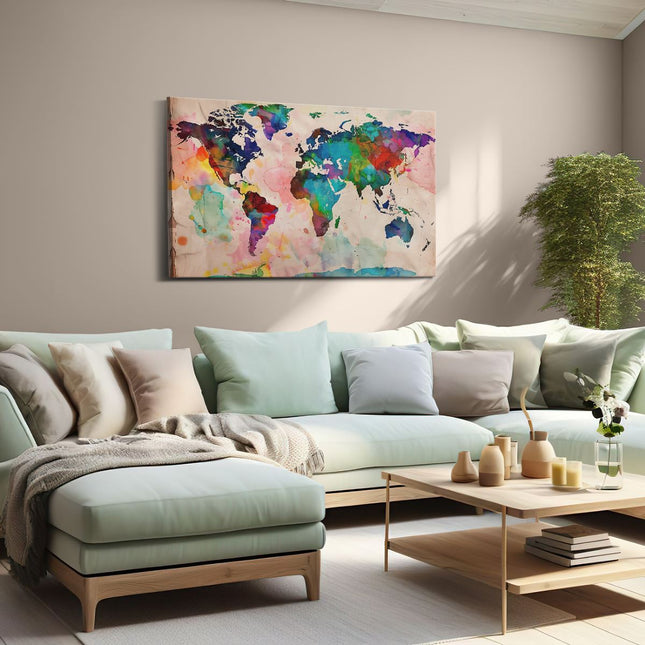 Canvas schilderij woonkamer Aquarel Wereldkaart op een Stuk Papier