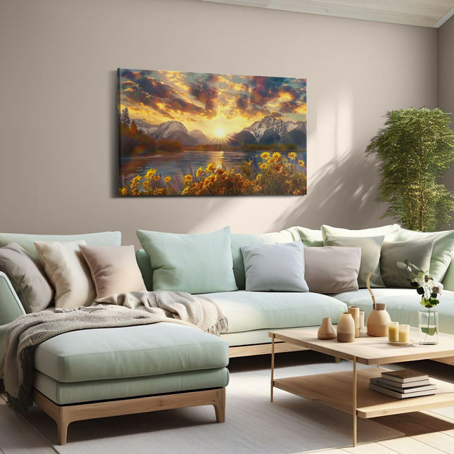 Canvas schilderij woonkamer De Zon gaat onder over de Bergen en Bloemen