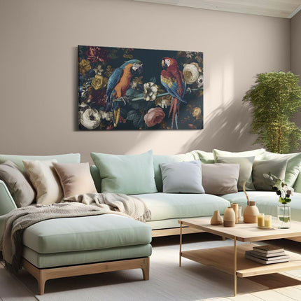 Canvas schilderij woonkamer Twee Papegaaien op een Tak met Bloemen