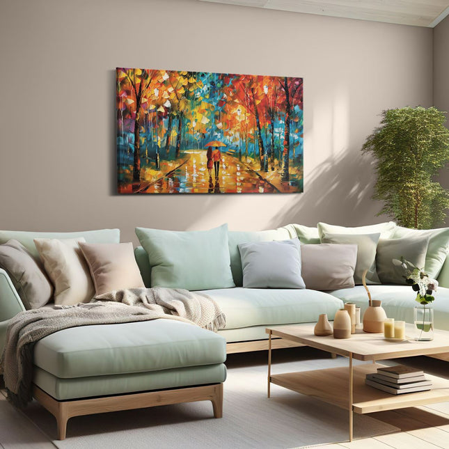 Canvas schilderij woonkamer Paar dat in de Regen loopt met een Paraplu