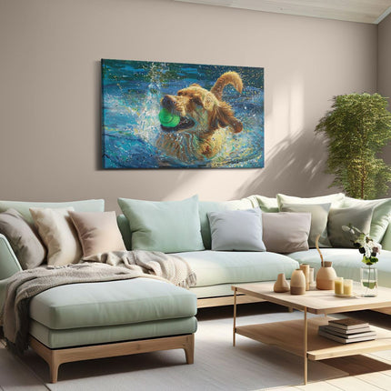 Canvas schilderij woonkamer Hond speelt met een Bal in het Water