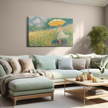 Canvas schilderij woonkamer Vrouw die met een Paraplu door een Veld met Madeliefjes loopt