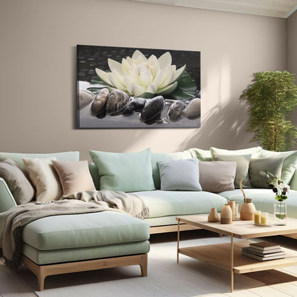 Canvas schilderij woonkamer Lotusbloem Wit met Stenen