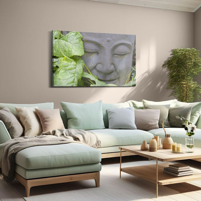 Canvas schilderij woonkamer Buddha Hoofd met Blad