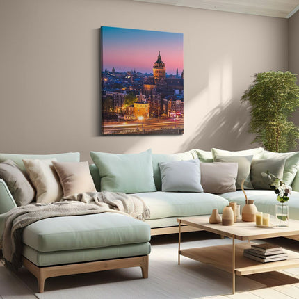 Canvas Schilderij Woonkamer Amsterdam Skyline Bij Zonsondergang 