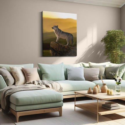 Canvas Schilderij Woonkamer Wolf Op Een Rots Met Een Heuvel Landschap