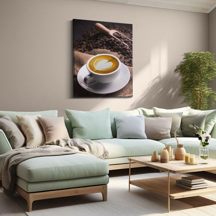 Canvas Schilderij Woonkamer Kopje Koffie In Een Hartje Met Koffiebonen