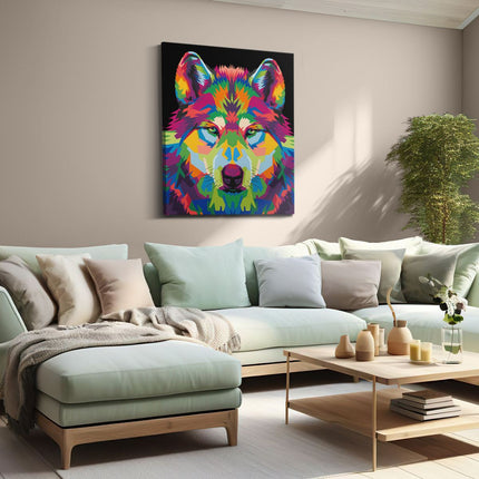 Canvas Schilderij Woonkamer Gekleurde Wolvenkop - Wolf - Abstract